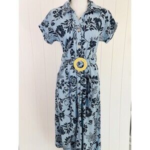 Violet Skies Blue Floral Belted Button Up Shirt Dress Small Natural Boho Coastal